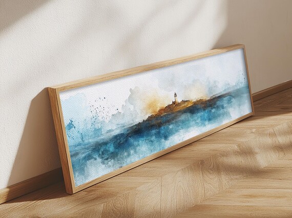 Lighthouse Rocky Island Blue Watercolor Panoramic Coastal Wall Poster