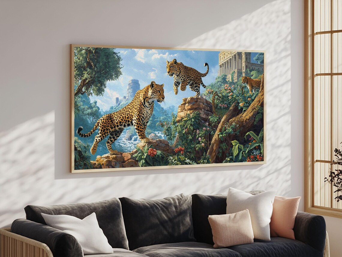 Leopards Jungle Ruins Flowers Painting Wild Big Cats Adventure Art Poster