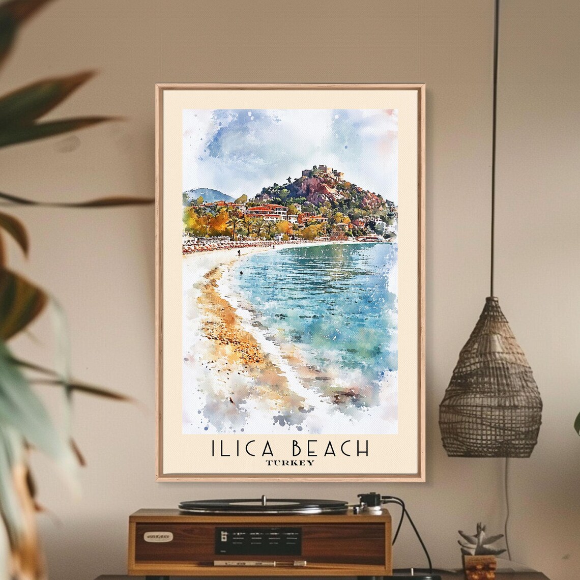 Ilica Beach Turkey Sandy Bay Castle Hill Watercolor Coastline Poster