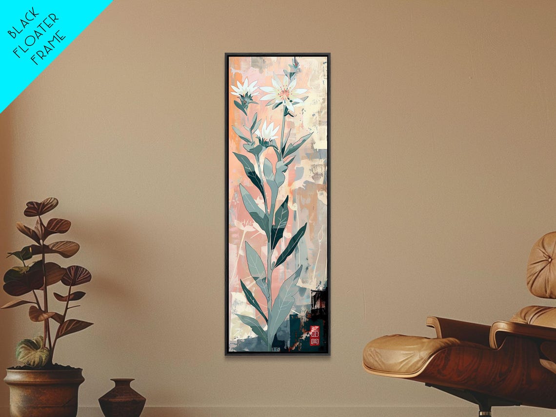 Tall White Wildflowers Coral Abstract Japanese Style Art Poster - Image 3