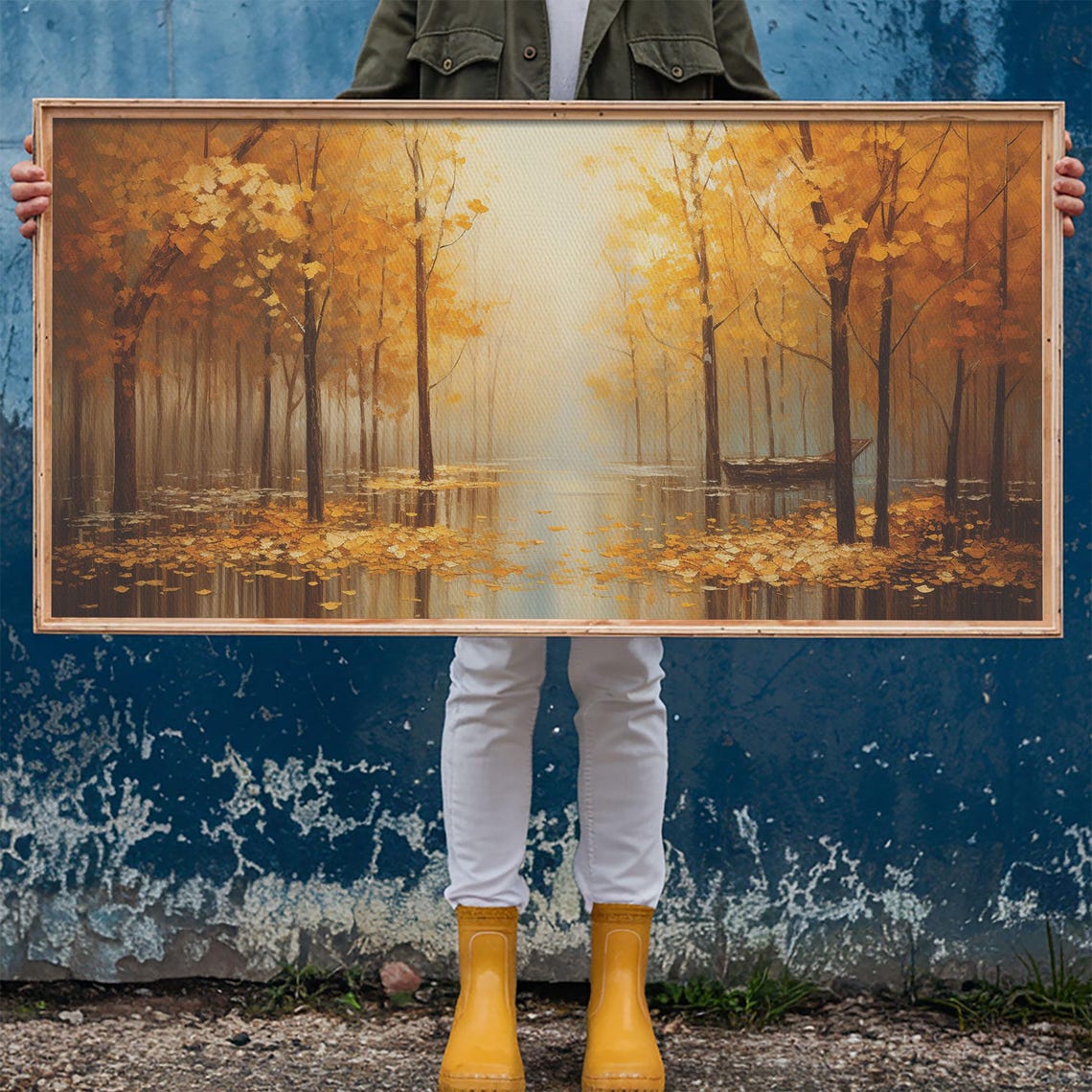 Golden Autumn Forest Flooded Leaves Misty Lake Painting Wall Art - Image 6