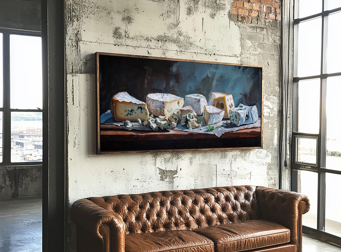 Blue Cheese Wedges Still Life Dark Table Rustic Oil Painting Print - Image 4