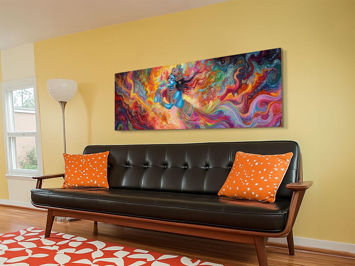 Lord Krishna Colorful Cosmic Panoramic Spiritual Indian Art Poster - Image 4