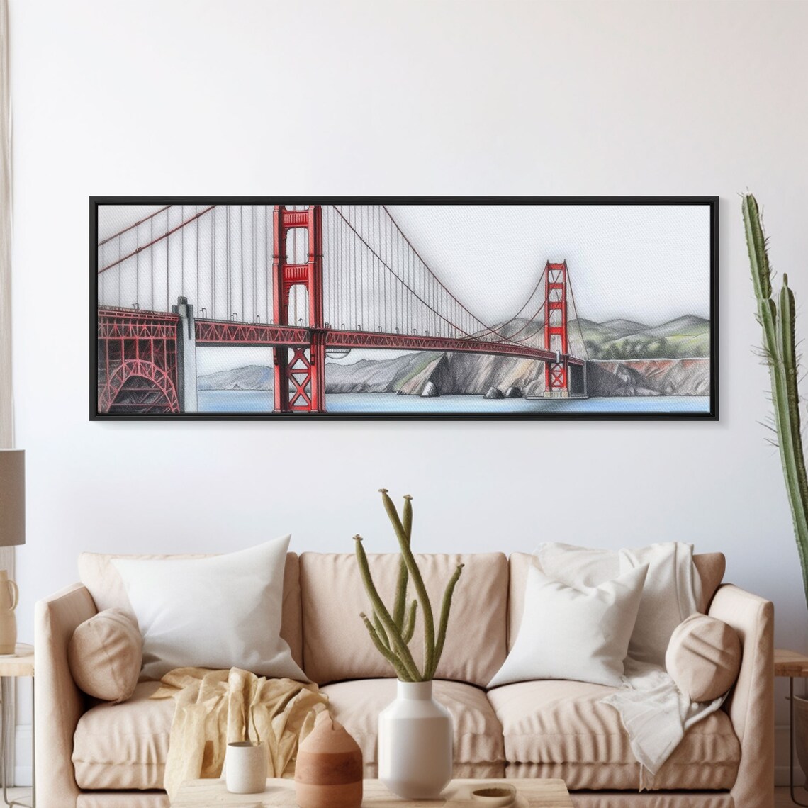 The Golden Gate Bridge Print Colored Pencil Sketch Art Mountain Landscape River Lake Panoramic Wall Art Print - Image 5