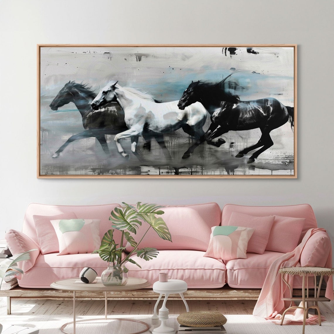 Black And White Horses Running Abstract Ink Wash Equestrian Art Poster - Image 2