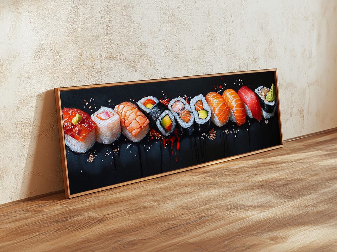 Assorted Sushi Row Retro Painting Panoramic Black Kitchen Wall Poster