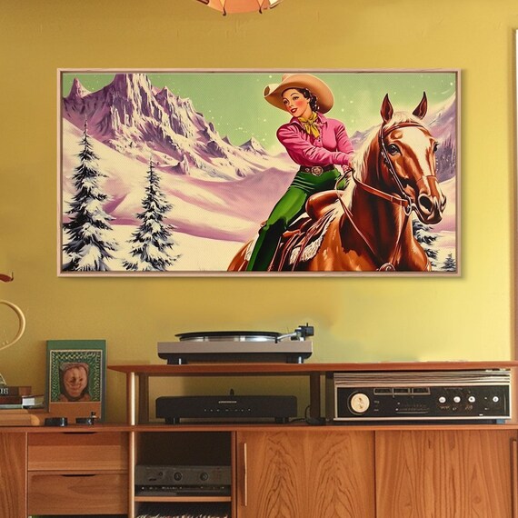 Happy Cowgirl Horse Rider 1950s Style Art Framed Print Stunning Tall Artwork Moody Autumn Decor Or Modern Farmhouse Wall Gallery