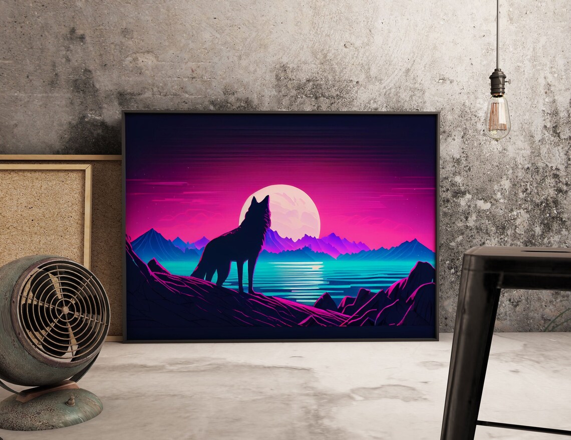 Wolf Silhouette Full Moon Synthwave Night Lake Mountains Wildlife Poster - Image 4
