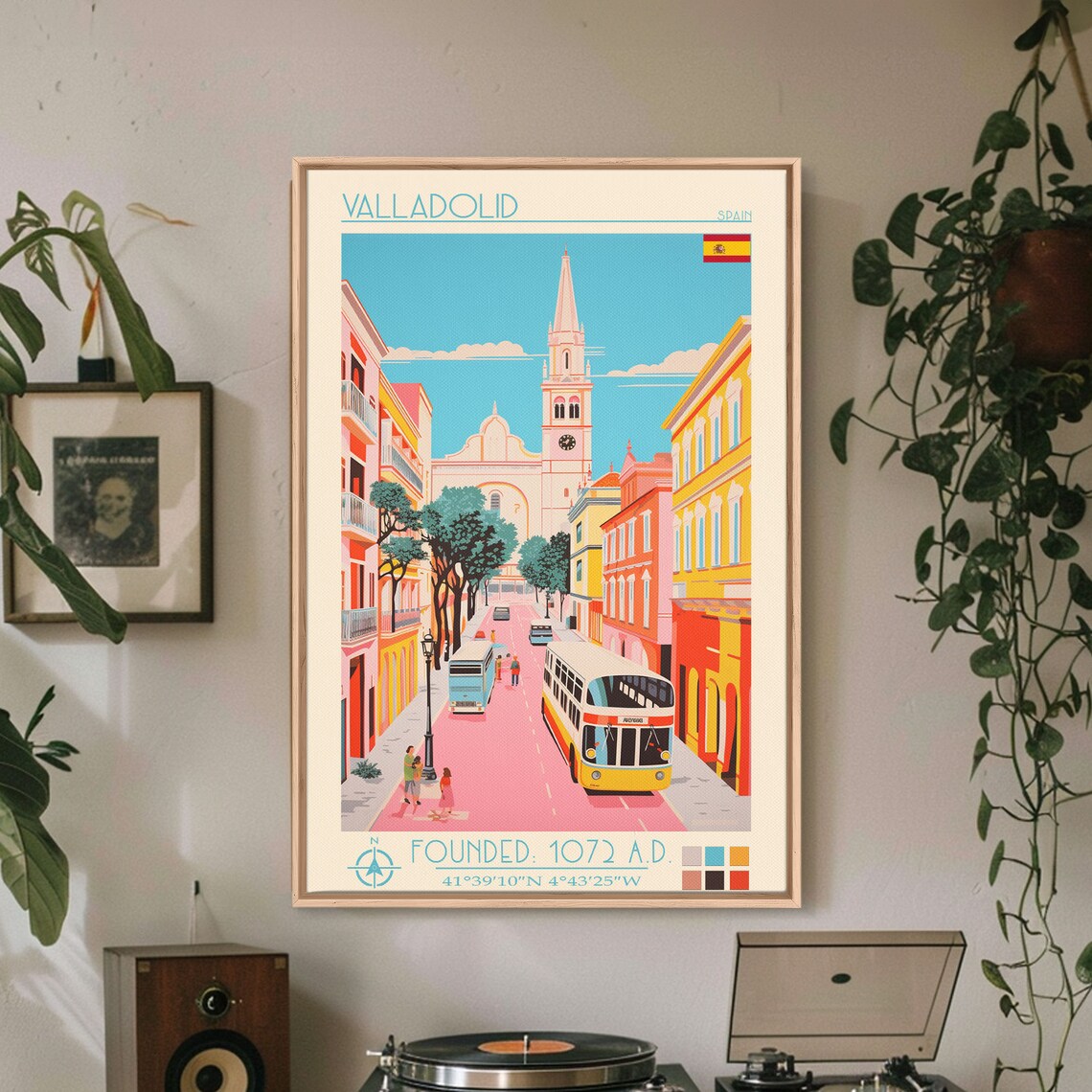 Valladolid Spain Cathedral Street With Vintage Buses Travel Poster
