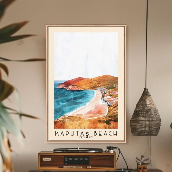 Kaputas Beach Turkey Curving Sandy Bay Turquoise Water Watercolor Poster