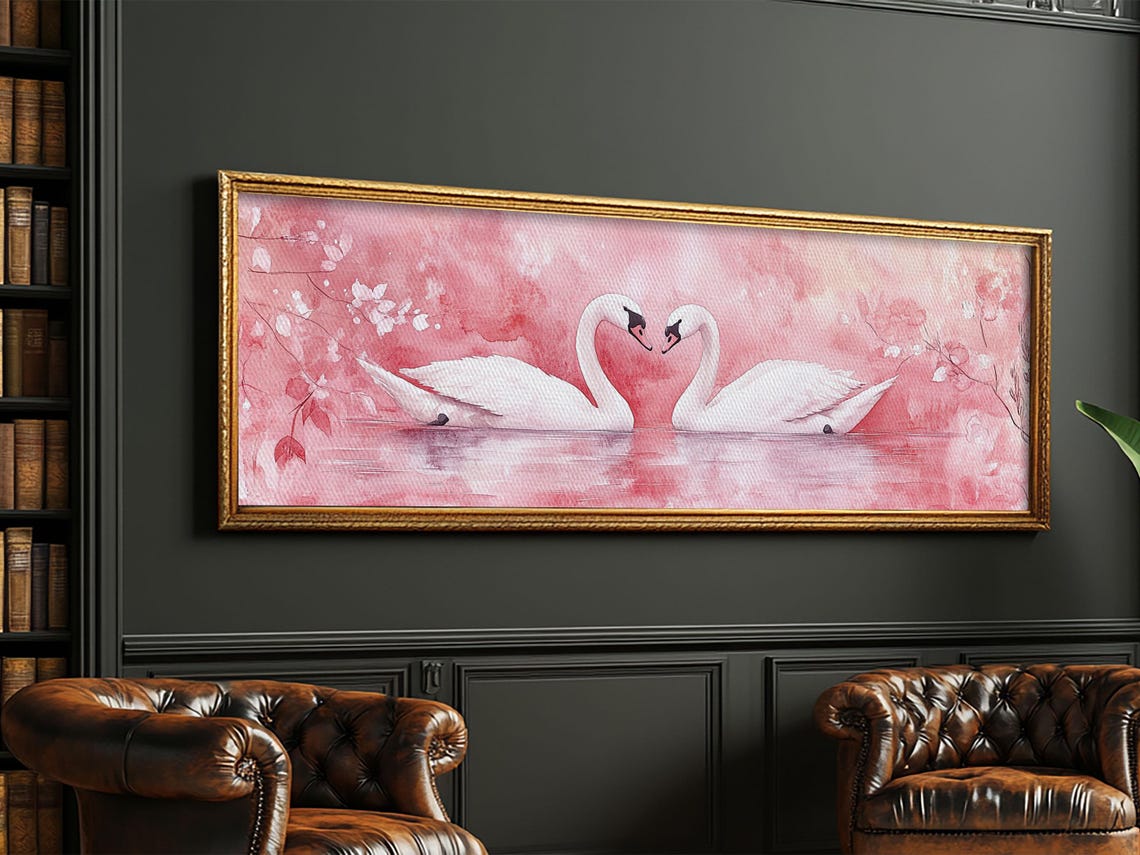 Romantic Swan Couple Pink Lake Watercolor Love Birds Wall Art