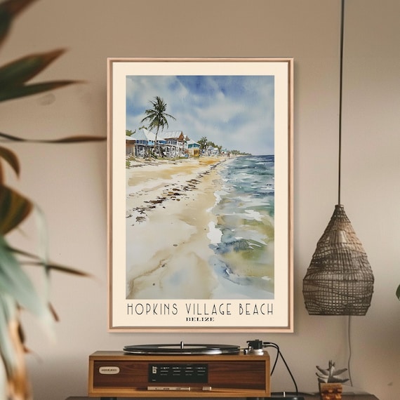 Hopkins Village Beach Belize Rustic Huts Palm Shore Watercolor Poster