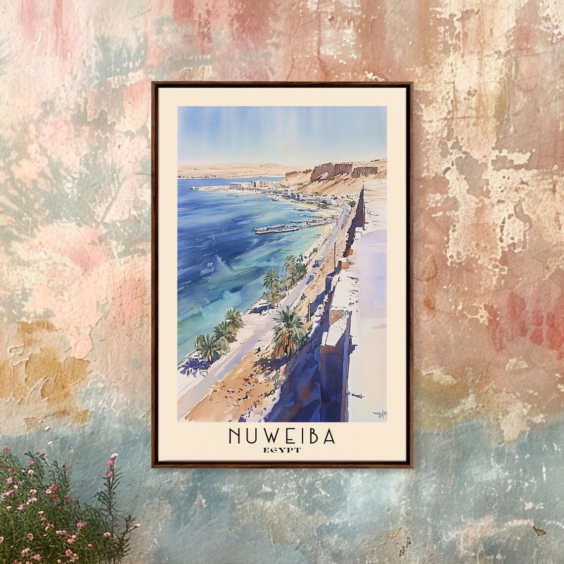 Nuweiba Egypt Red Sea Bay Palm Lined Beach Road Desert Cliffs Travel Poster