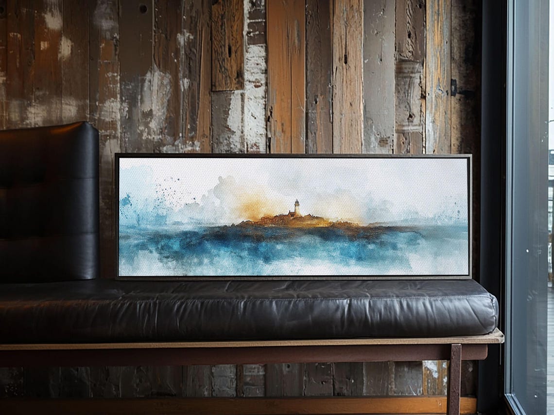 Lighthouse Rocky Island Blue Watercolor Panoramic Coastal Wall Poster - Image 6