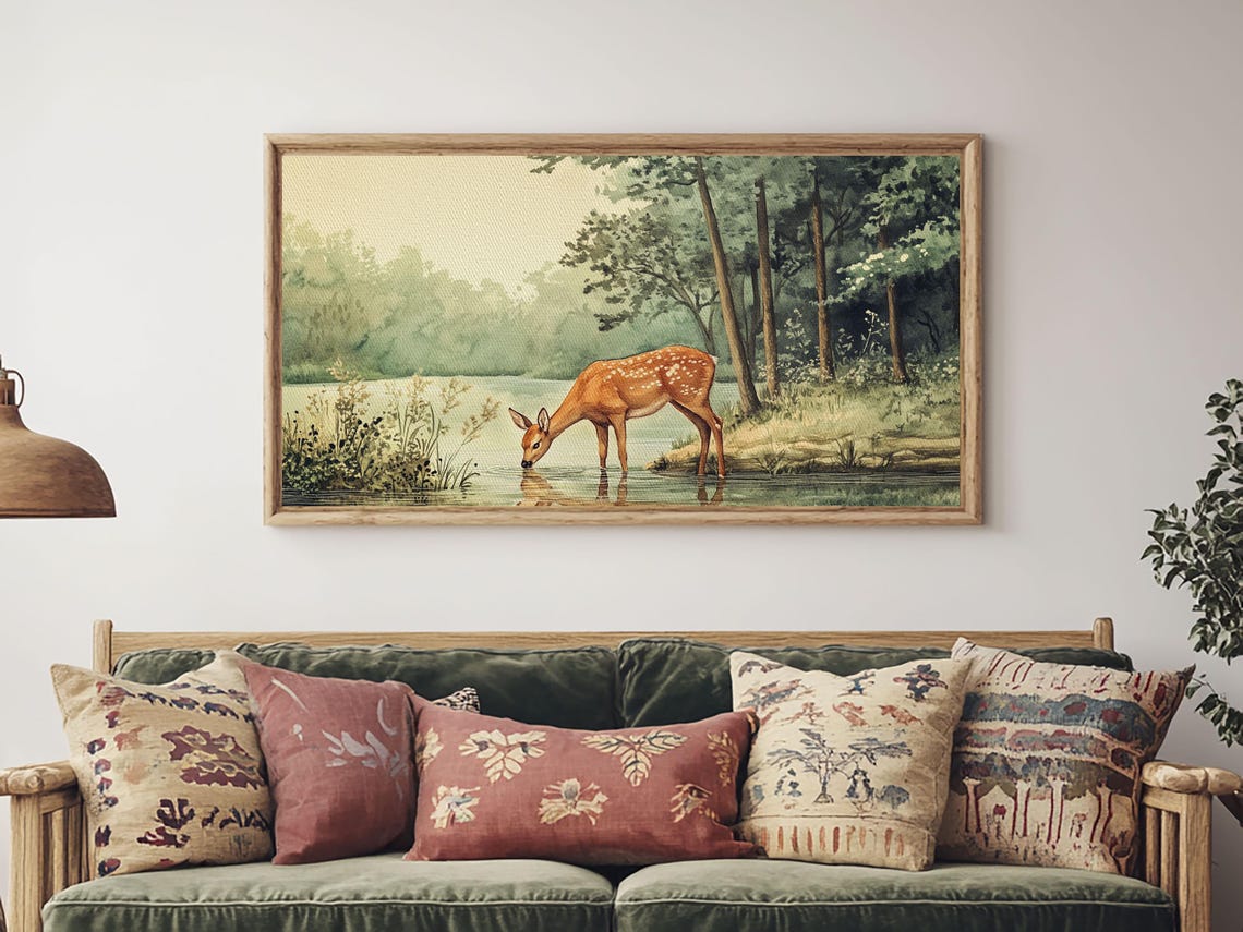 Deer Drinking At Forest Lake Misty Woods Watercolor Painting Print