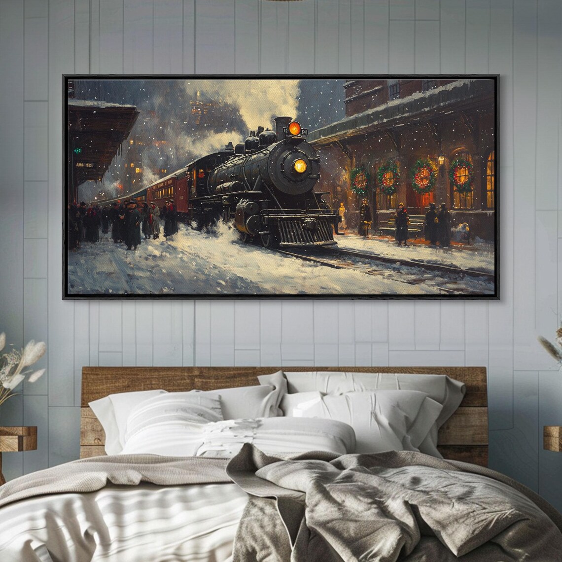 Steam Train Arriving At A Snowy Station On Christmas Eve Art Print - Image 2