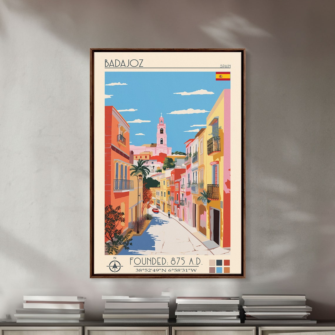 Badajoz Spain Colorful Mediterranean Street Palm Trees Historic Poster