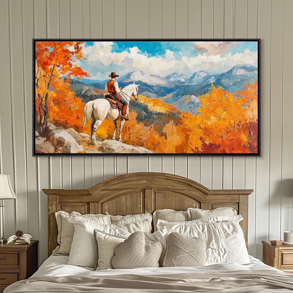 Fall Cowboy Overlooking The Mountains Framed Print Rustic Western Art With Vibrant Fall Tall Framed Print Farmhouse Wall Art - Image 2