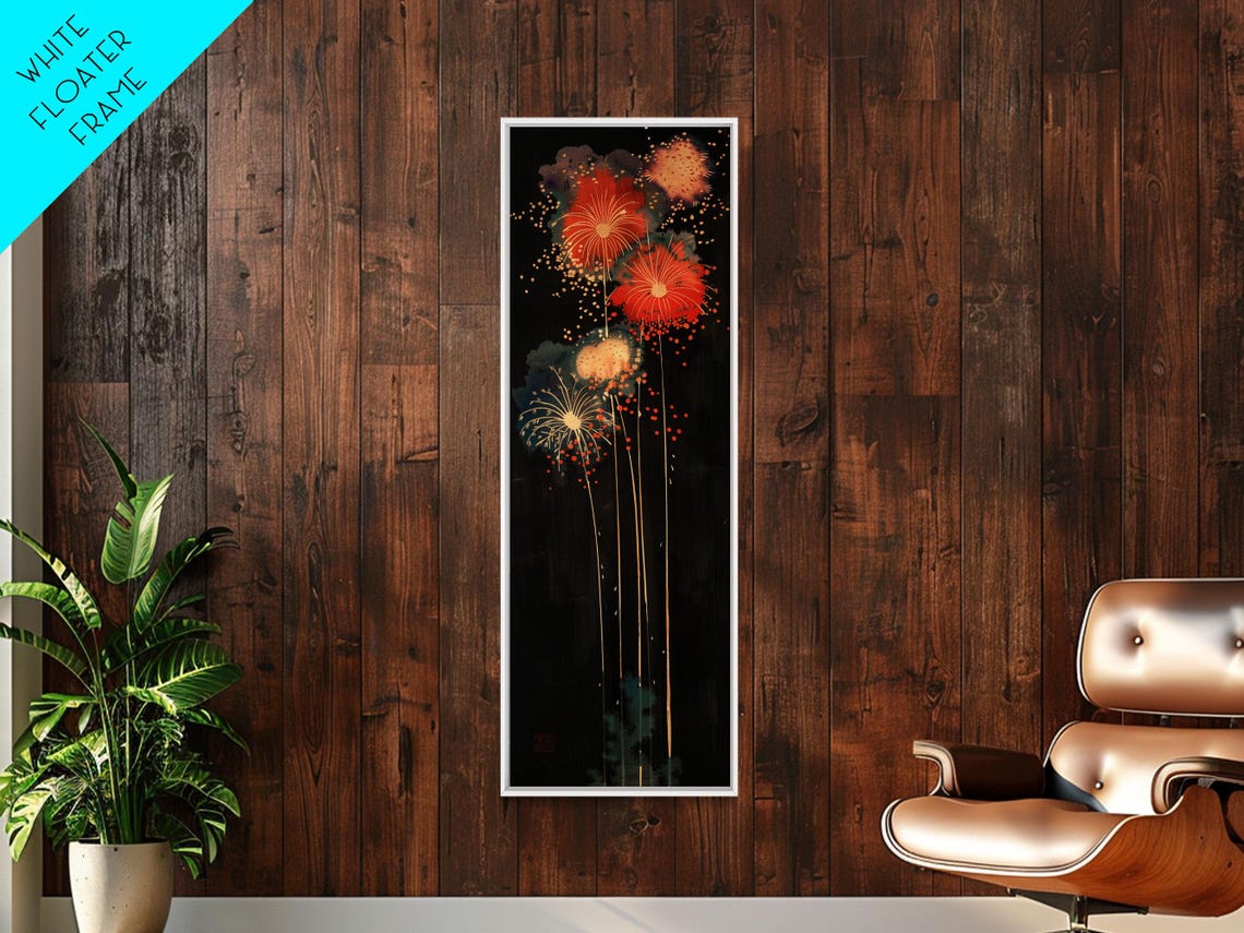 Colorful Fireworks Dark Night Sky Japanese Style Tall Art Poster - Image 5