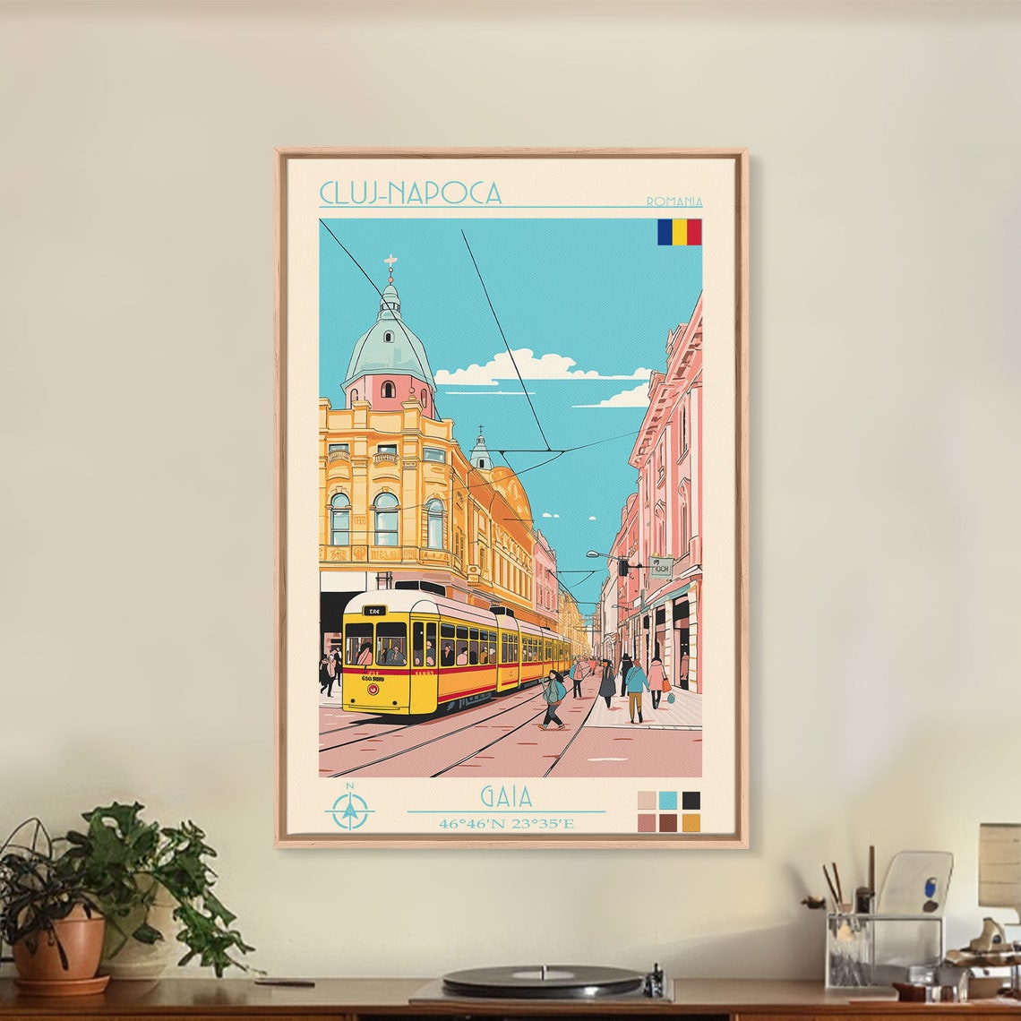 Cluj-Napoca Romania Yellow Tram Domed Building Sunny Street Poster - Image 2