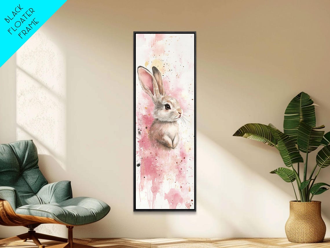 Sweet Watercolor Bunny Pink Splatter Floral Nursery Wall Art