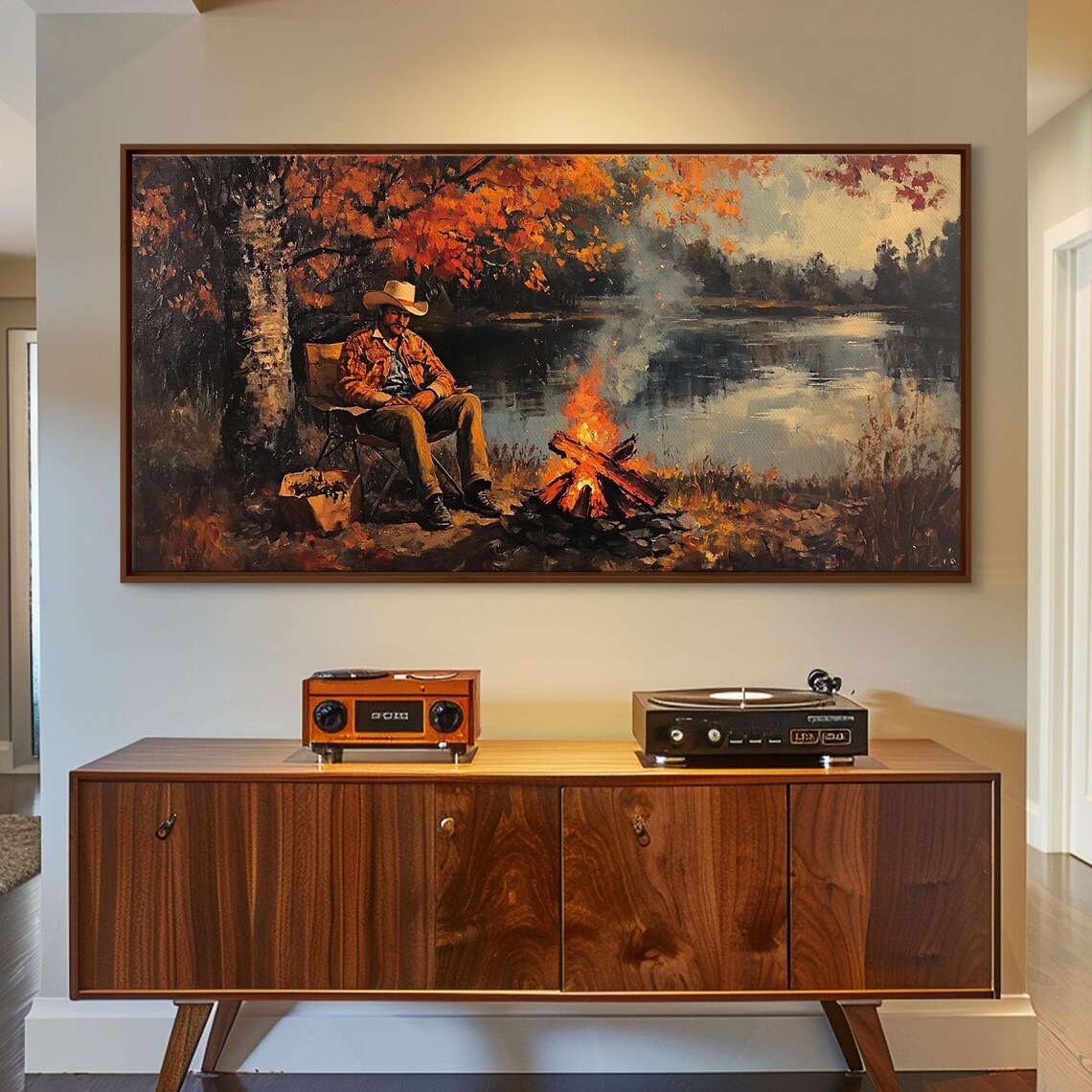 Cowboy Campfire Autumn Lake Rustic Western Landscape Painting Poster - Image 6