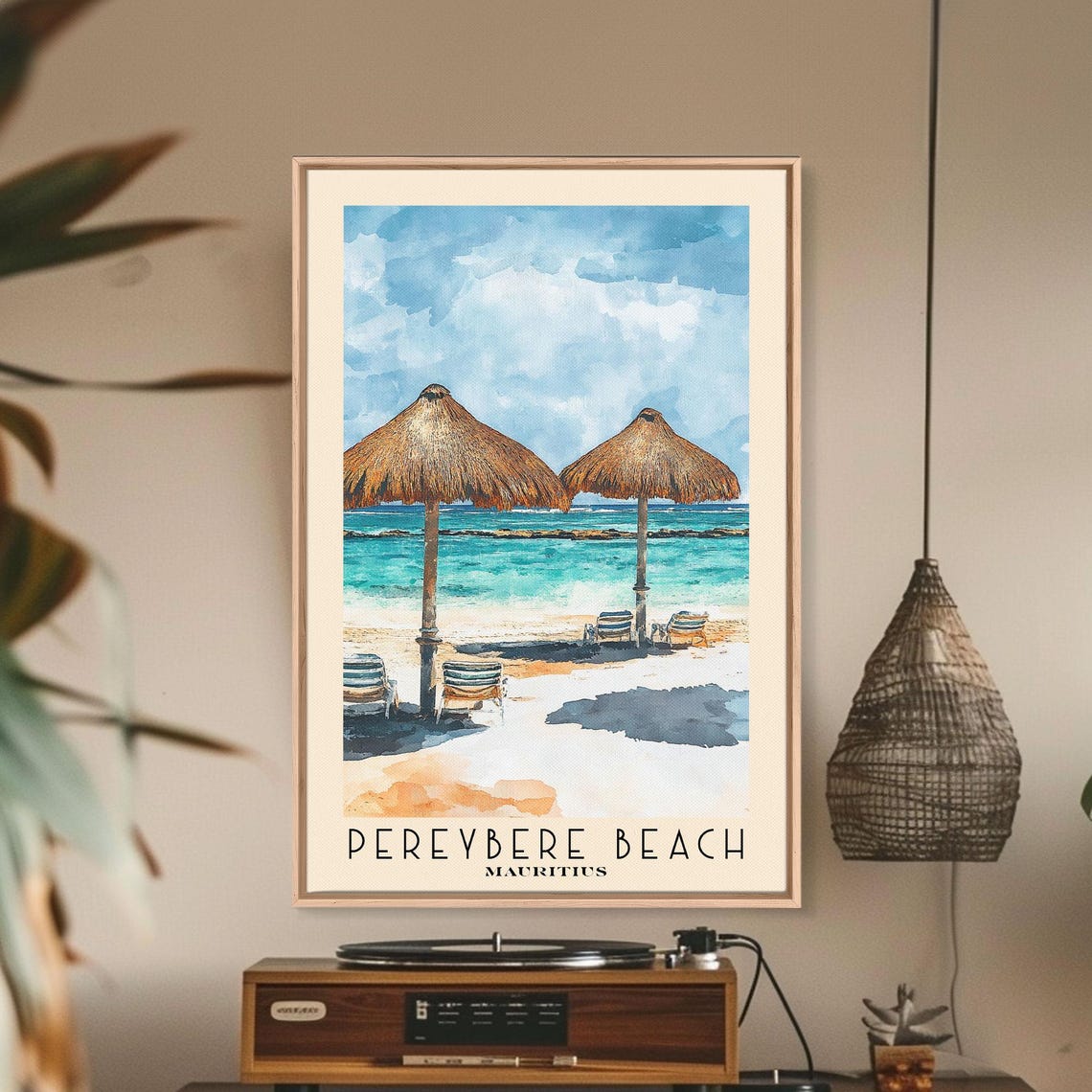 Pereybere Beach Mauritius Thatched Umbrella Turquoise Lagoon Poster - Image 2