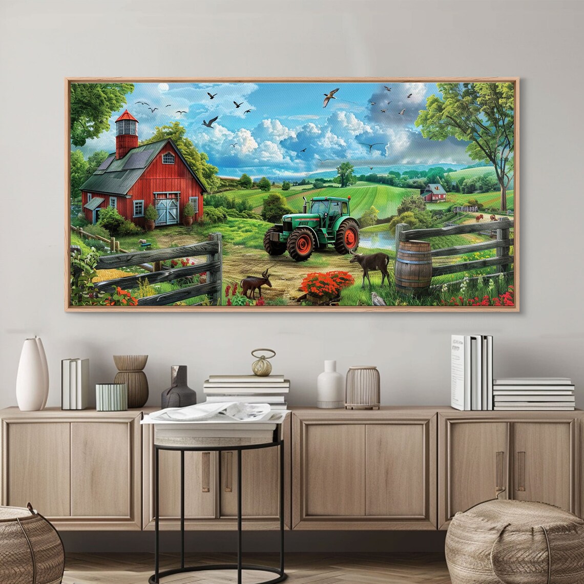 Red Barn Green Tractor Goats Pond Country Farm Summer Art Poster - Image 5