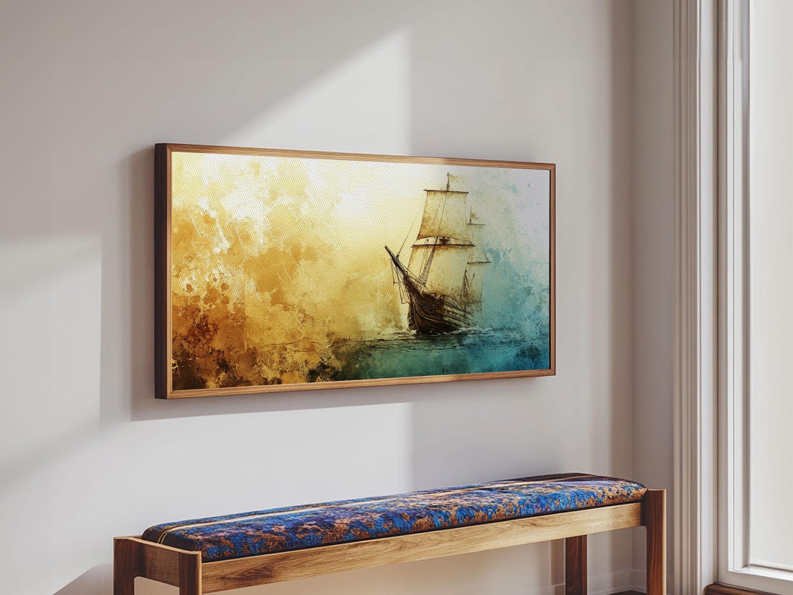 Abstract Pirate Ship Watercolor Golden Teal Ocean Wave Poster - Image 3