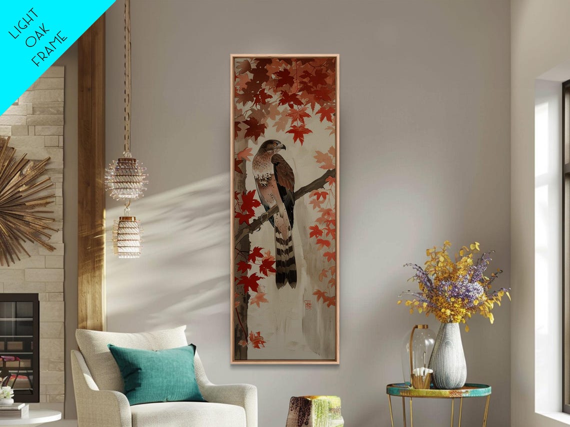 Hawk Perched Among Red Autumn Leaves Japanese Woodblock Style Poster - Image 4