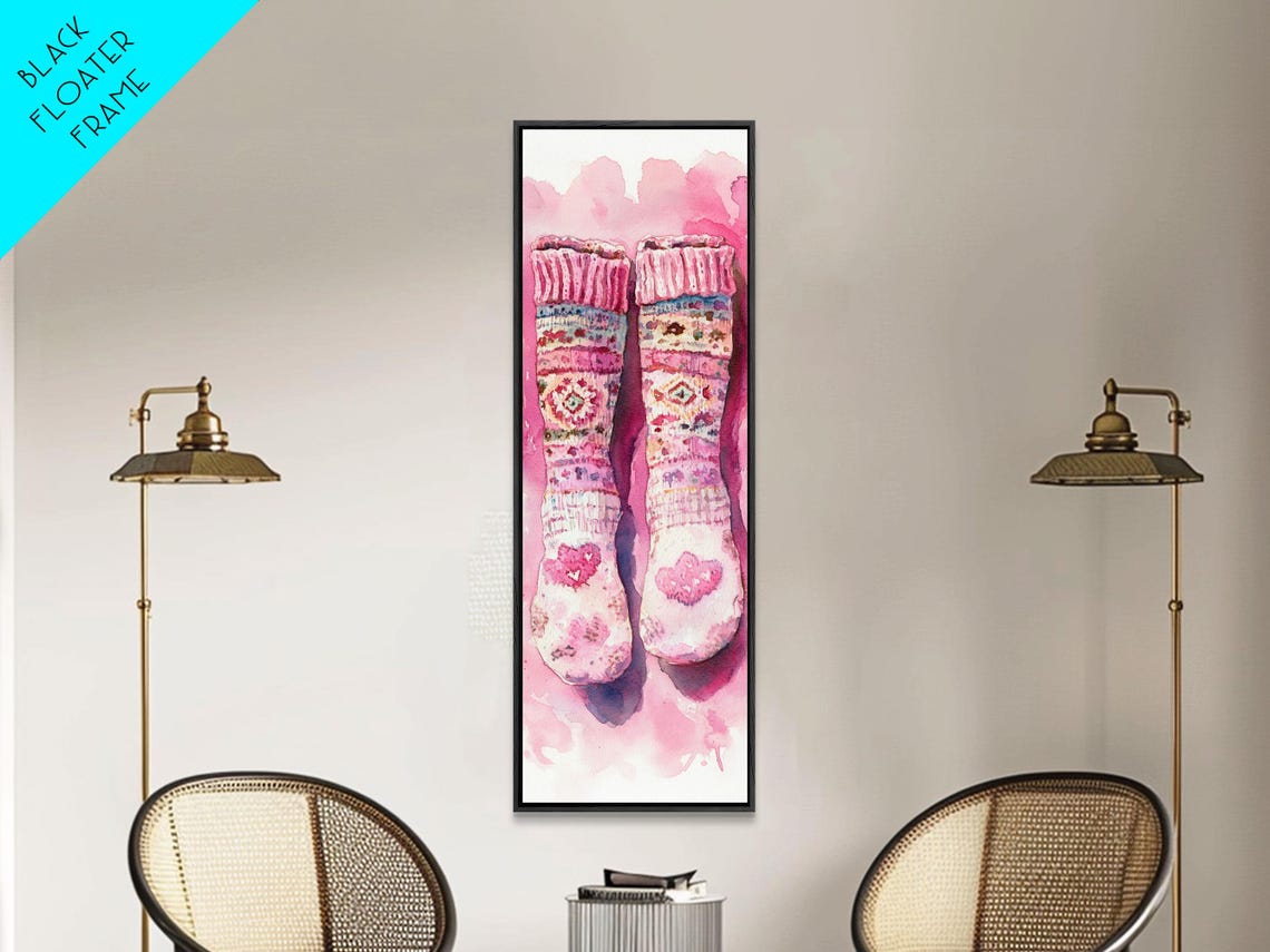 Cozy Pink Knitted Socks With Hearts Watercolor Whimsical Wall Art
