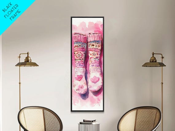 Cozy Knitted Socks Art Framed Print Cottagecore Rustic Decor Pink Patterned Rustic Wall Art Farmhouse Art Whimsical Artwork