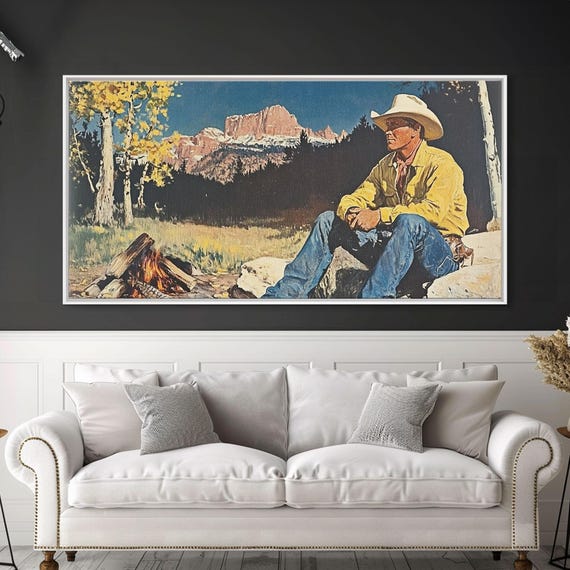 Bold Monochromatic Framed Print Showcasing A Woman In A Cowboy Hat With Horses In A Snowy Mountain Landscape Rustic Winter Wall Art