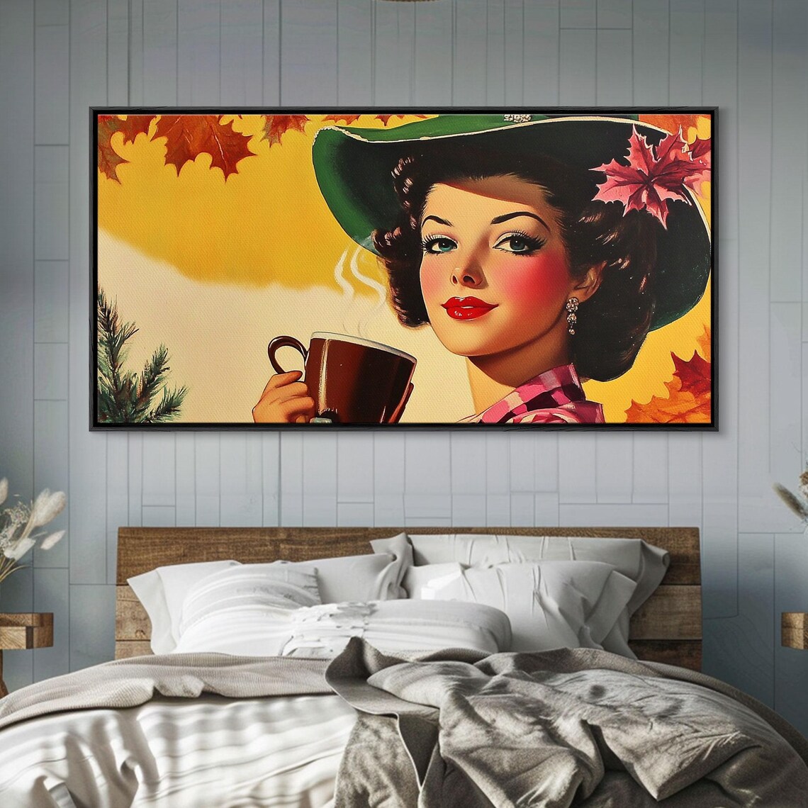Retro Cowgirl With Coffee Autumn Leaves Vintage Pinup Style Art Poster - Image 4