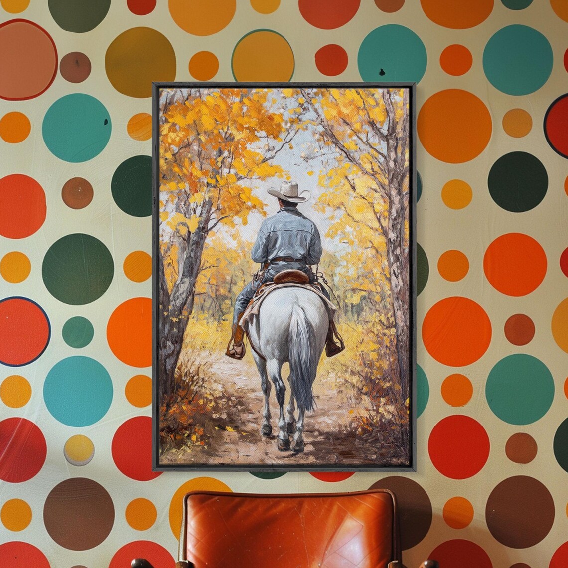 Cowboy Riding White Horse Golden Autumn Trees Tunnel Fall Poster - Image 2