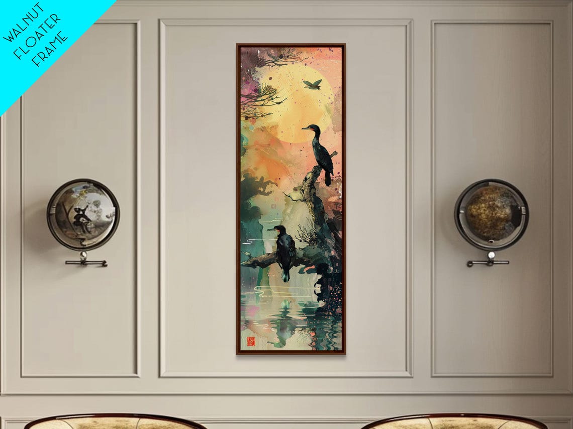 Black Cormorants Water Moon Watercolor Japanese Style Tall Poster - Image 6
