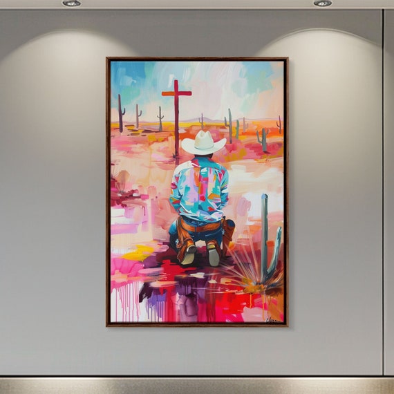 Abstract Cowboy Kneeling By Cross Art Framed Print Modern Southwestern Decor Vibrant Living Room Wall Art