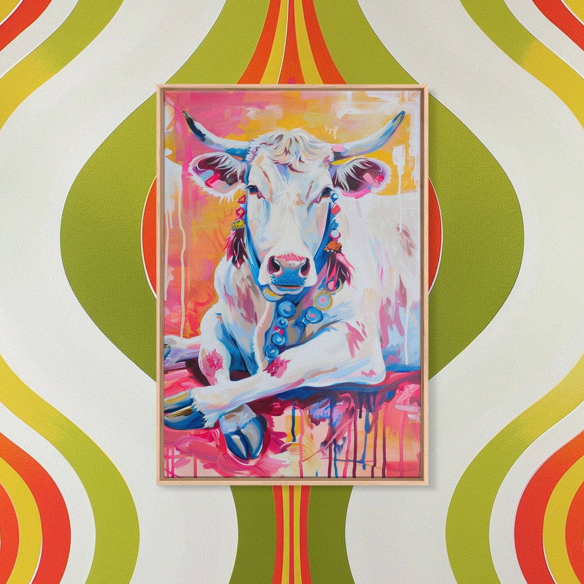 White Longhorn Cow Portrait In Colorful Pop Art Style Wall Poster - Image 2