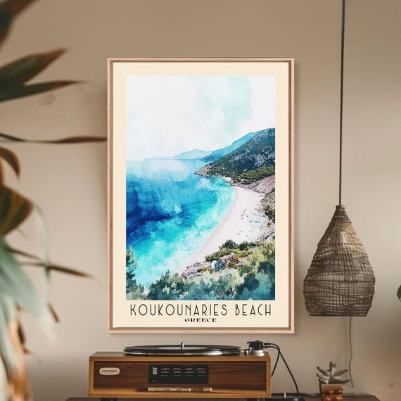 Koukounaries Beach Greece Watercolor Beach Print Vacation Gift Greece Wall Art Framed Print Framed Beach Painting