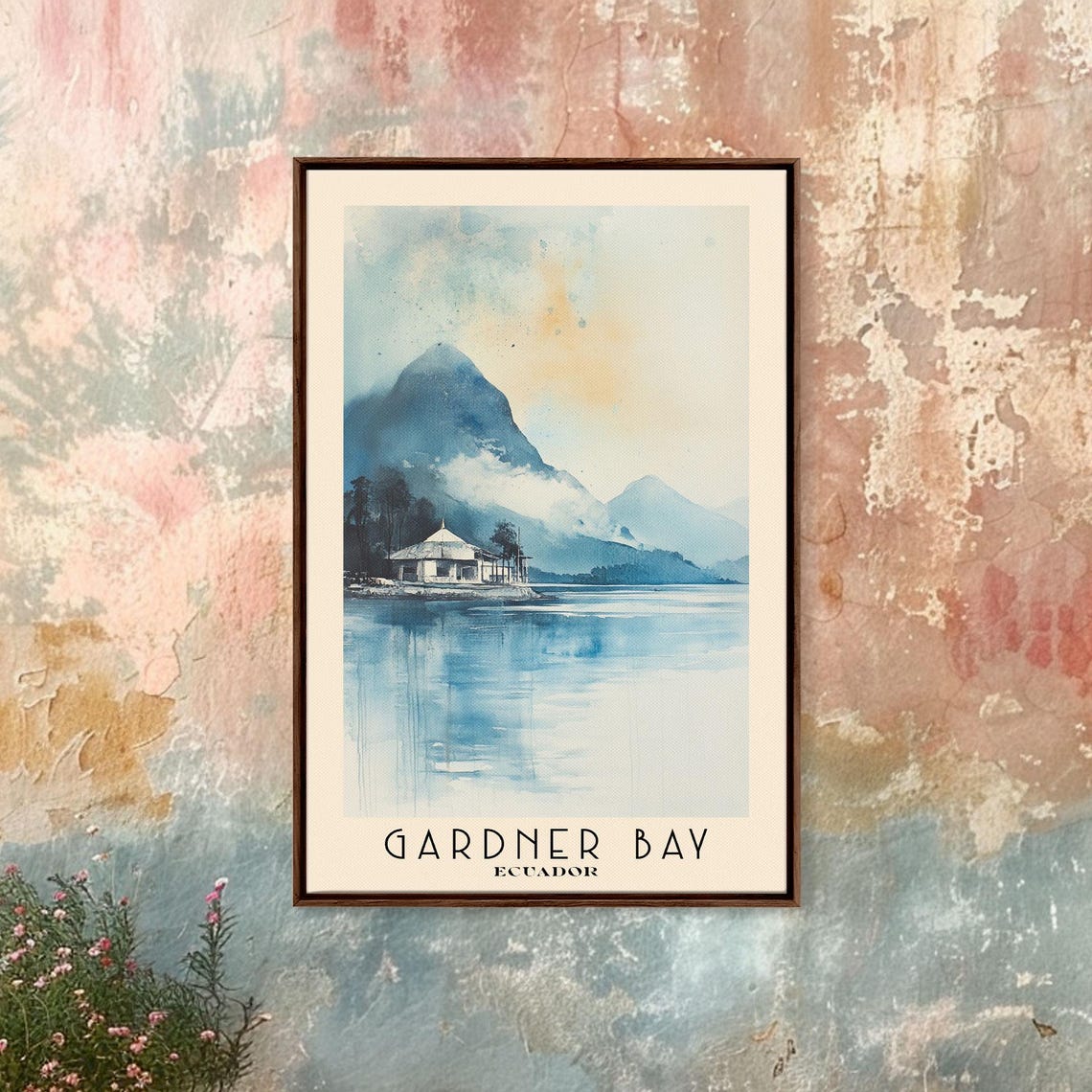 Gardner Bay Ecuador Misty Blue Bay Volcano Peak Watercolor Poster - Image 4