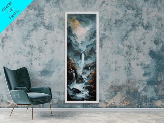 Waterfalls Against A Dark Mountain Landscape Framed Print Wood Frame Wall Art Unique Decor Farmhouse Wall Art Skinny Wall Art