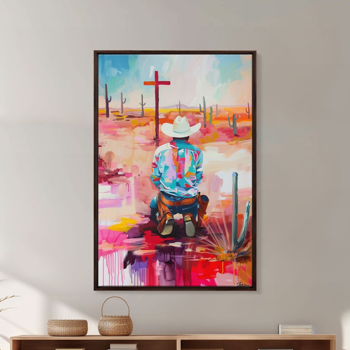 Cowboy Kneeling Before Cross Colorful Desert Faith Art Poster - Image 5