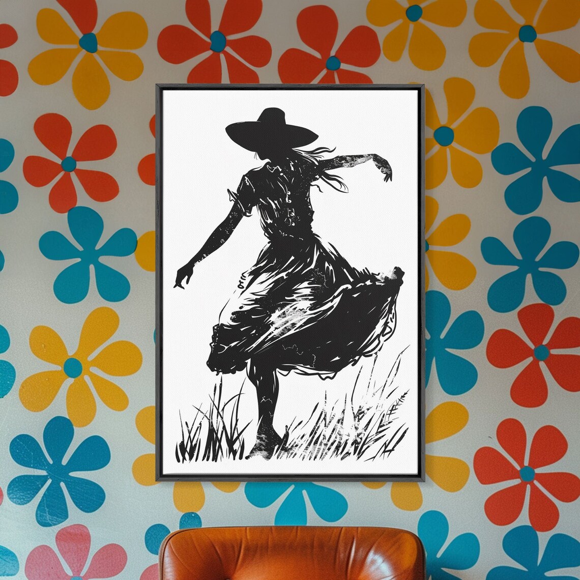 Dancing Country Girl Silhouette Flowing Dress Black Ink Art Poster - Image 3