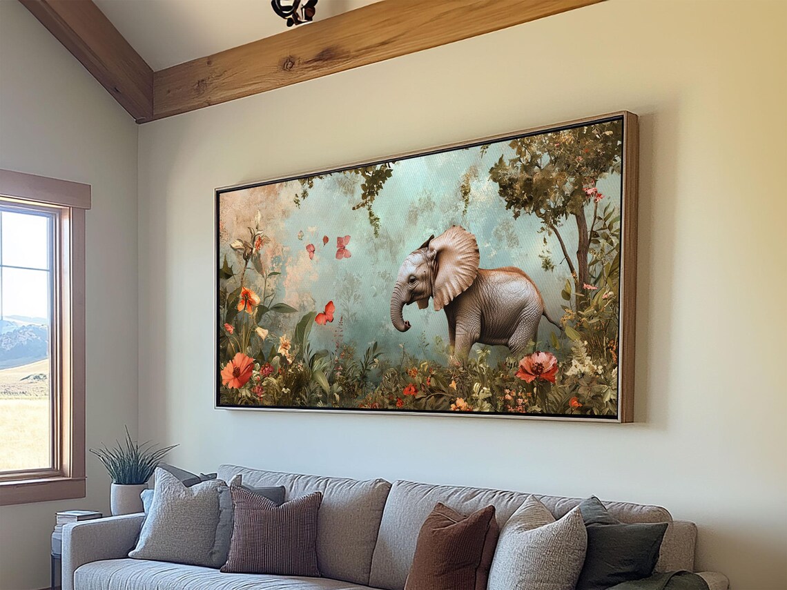 Elephant Jungle Garden Painting Butterflies Botanical Wildlife Art Poster - Image 5