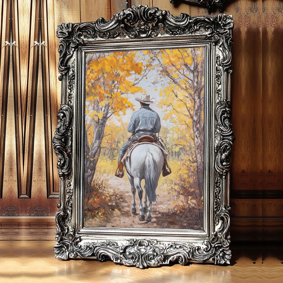 Cowboy Riding White Horse Golden Autumn Trees Tunnel Fall Poster - Image 3