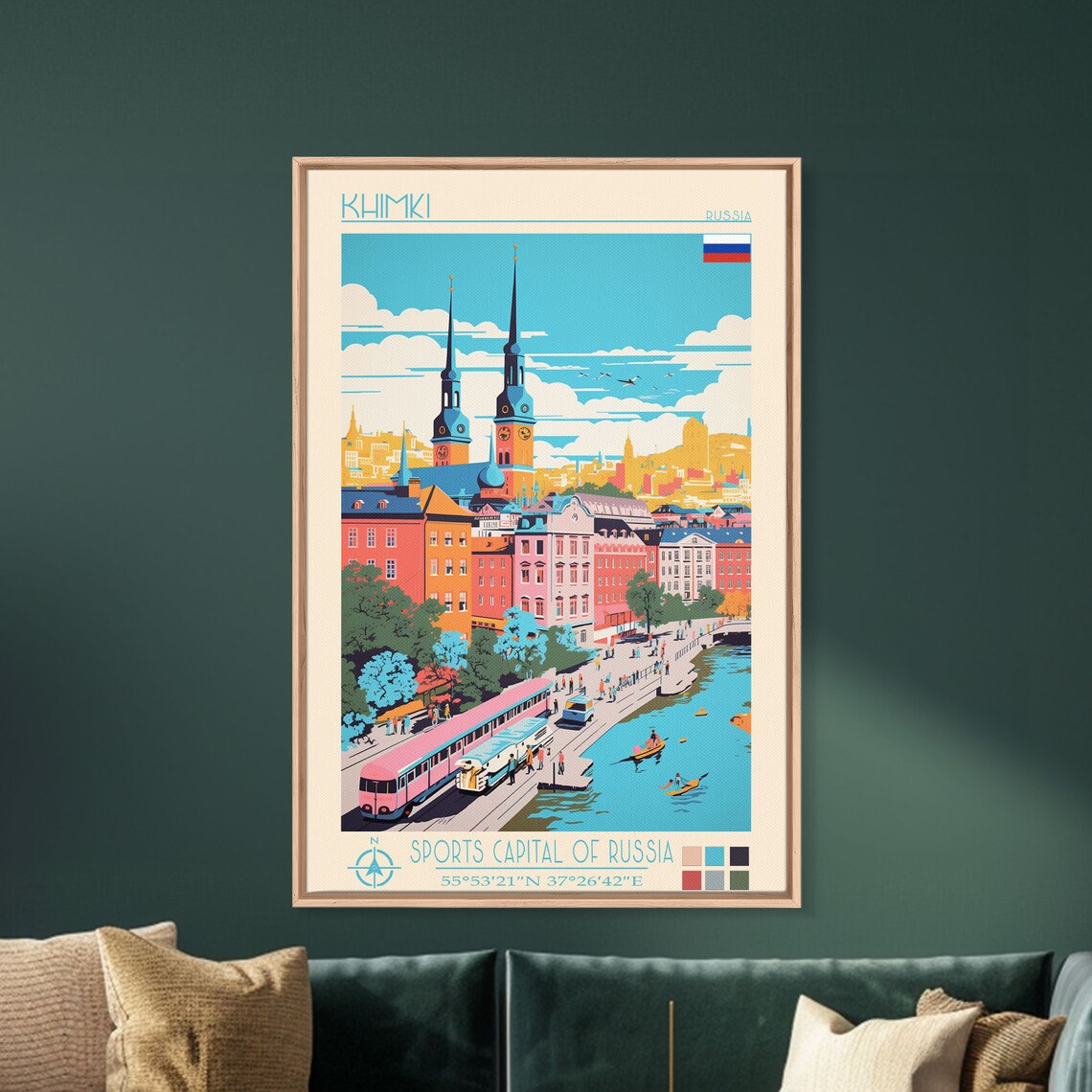 Khimki Russia River Promenade Twin Church Spires Kayakers View Poster - Image 2