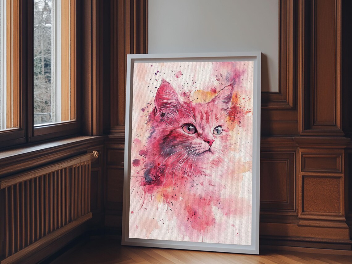Pink Cat Portrait Watercolor Whimsical Feline Bedroom Wall Art Poster - Image 4