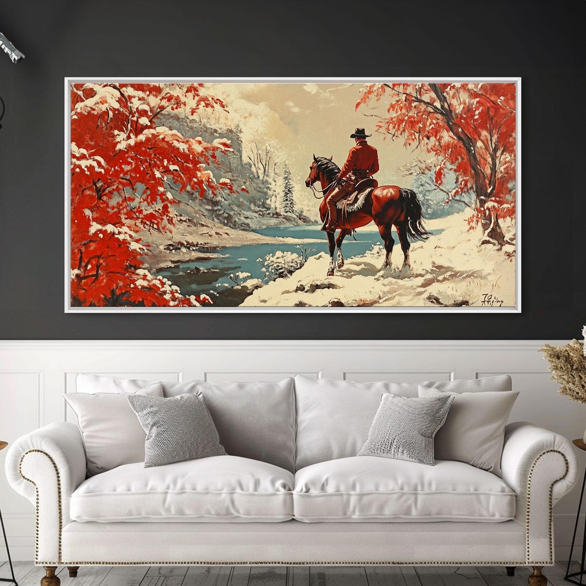 Vintage Cowboy In Red Coat By Snowy River Autumn Leaves Trail Poster - Image 5