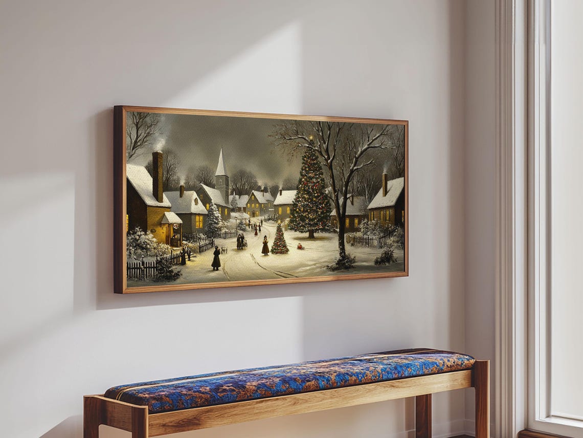 Victorian Christmas Village Night Snowy Church Tree Painting Print - Image 6