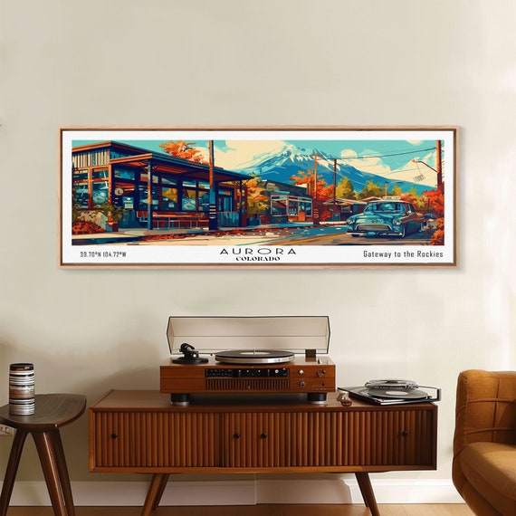Aurora Colorado Panoramic Painting Framed Print Mid Century Modern Art Pop Art Style Travel Poster Wall Art Decor Retro Style